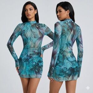 Y2K Teal Mesh Mini Dress 🦋 Whimsigoth Dream